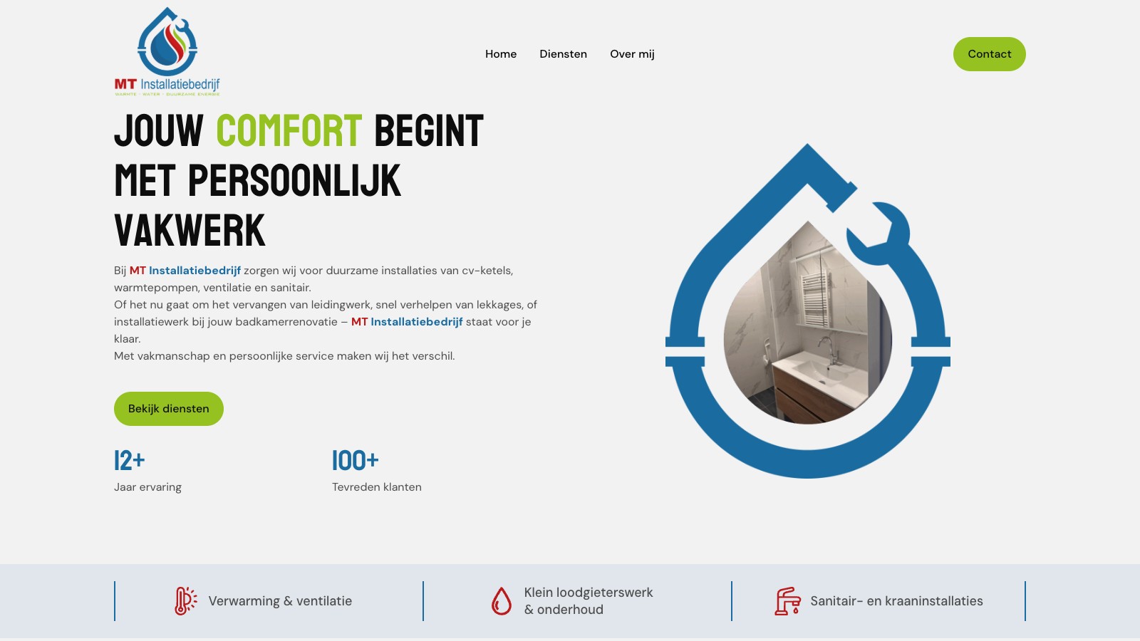 Screenshot van de MT Installatiebedrijf website